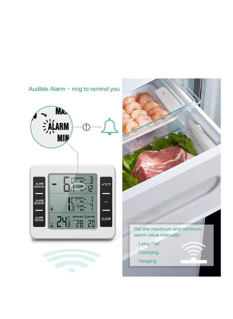 Fridge Thermometer, Digital Freezer Thermometer with Indoor Temperature Monitor and 2 Wireless Sensors, Refrigerator 3 Audible Alarm, Min/Max Record for Home, Restaurants