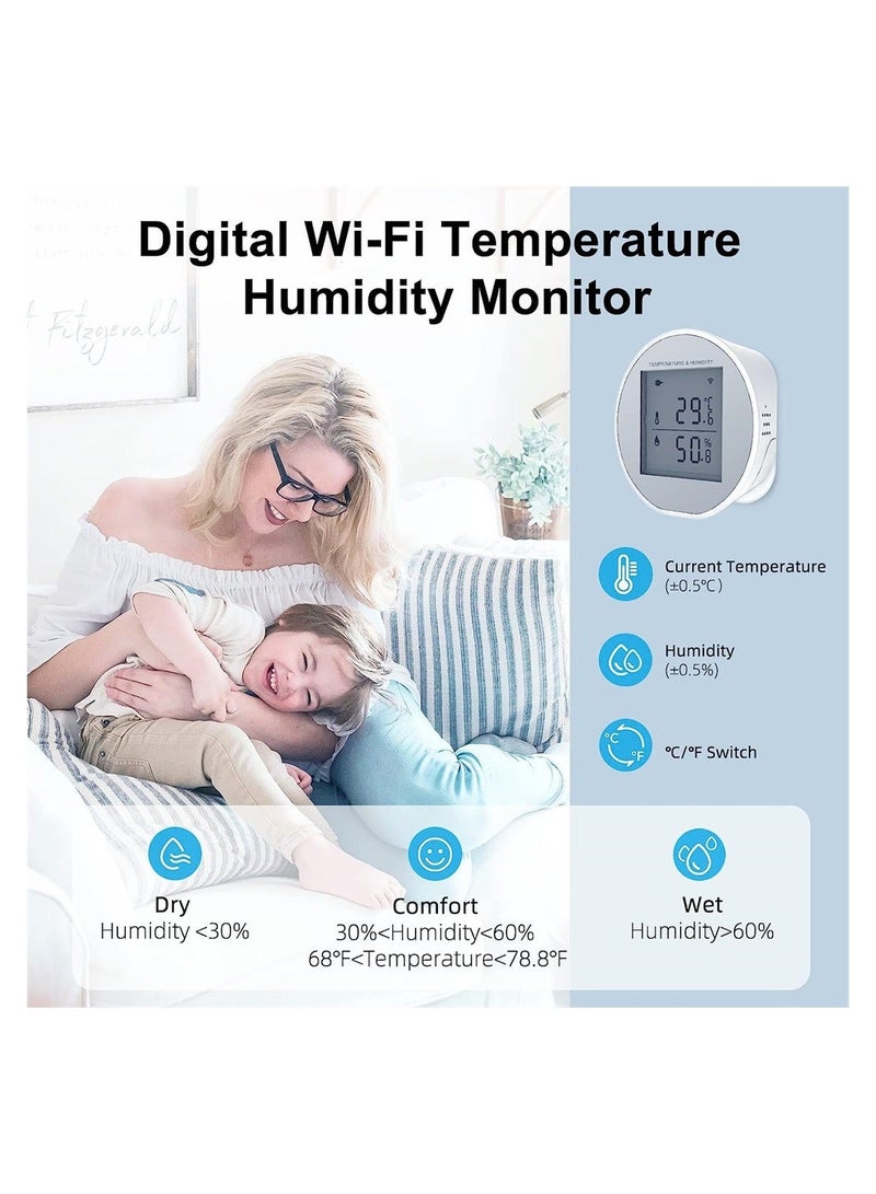 Smart WiFi Thermometer Hygrometer Sensor, with App Control, Large LCD Display, Notification Alerts, for Home Room Pet Garage Digital Compatible Automation