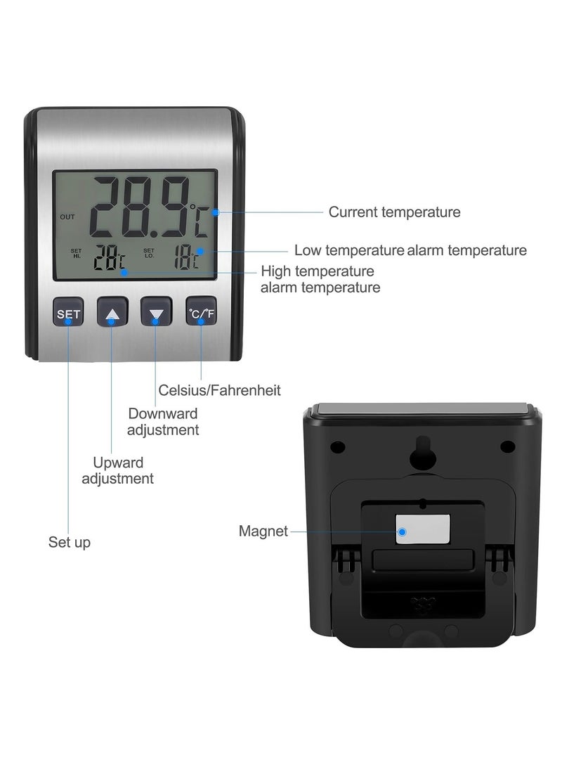 2 PCS Digital Refrigerator Thermometer - Freezer Thermometer with Stainless Panel, High and Low Temperature Alarm, LCD Display, Sensor Magnet Probe for Fridge, Kitchen, Indoor and Outdoor Use