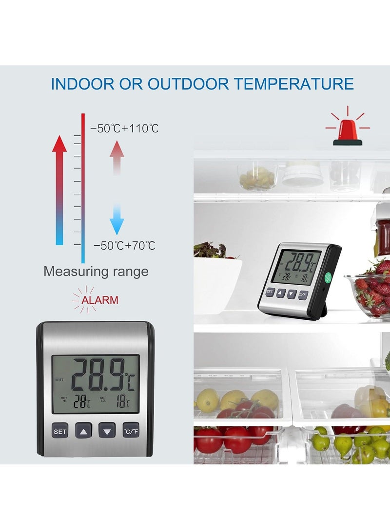 2 PCS Digital Refrigerator Thermometer - Freezer Thermometer with Stainless Panel, High and Low Temperature Alarm, LCD Display, Sensor Magnet Probe for Fridge, Kitchen, Indoor and Outdoor Use