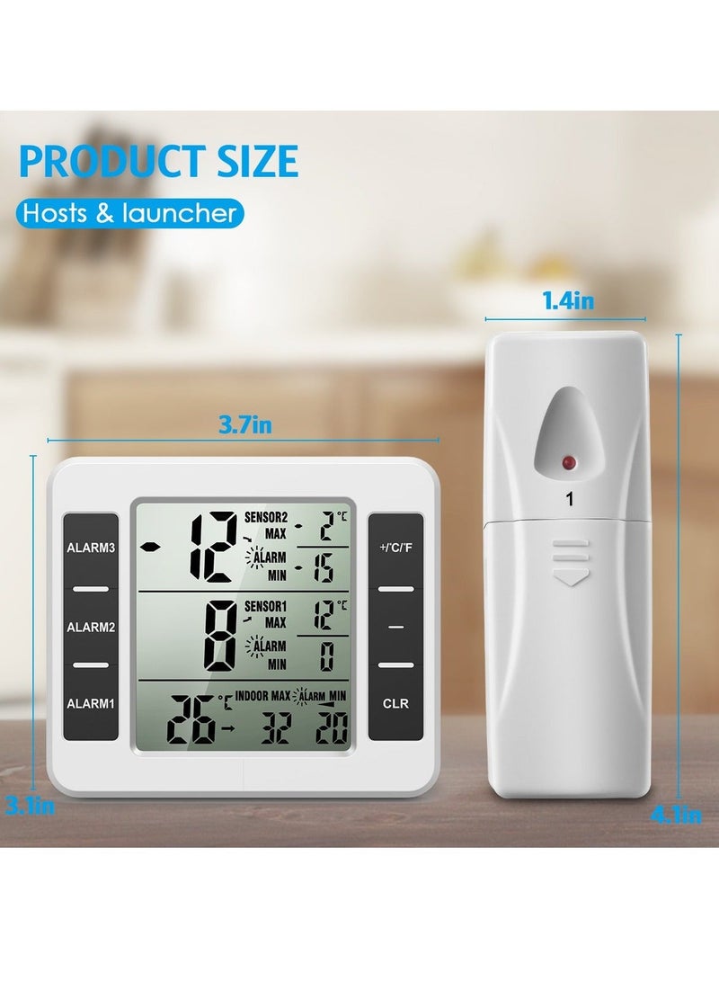 Refrigerator Thermometer, Wireless Indoor Outdoor Freezer Thermometer, Sensor Temperature Monitor with Audible Alarm Temperature Gauge for Kitchen, Freezer, Home