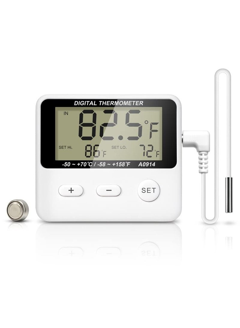 Digital Freezer Thermometer with External Sensor, LCD Display, High/Low Temperature Alarm, ℃/℉ Switchable, Magnetic Refrigerator Thermometer for Home