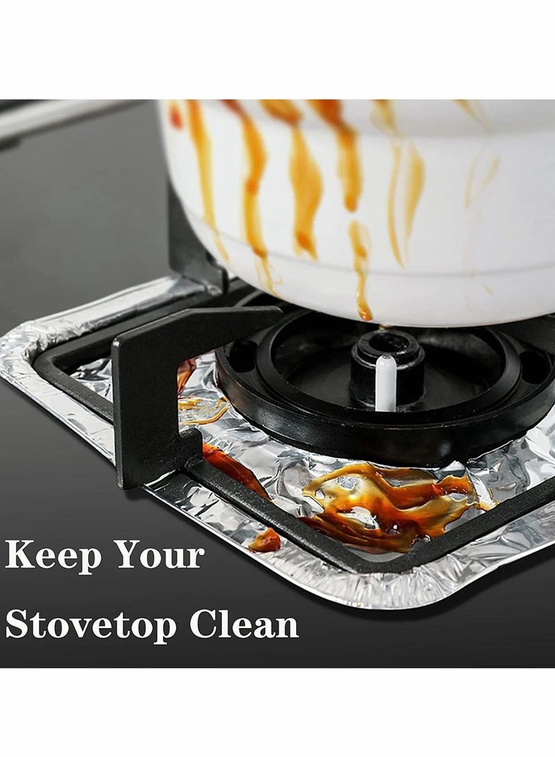 Stove Burner Covers, 100 Pack Aluminum Foil Square Gas Liners, Disposable Resistant Keep Clean, Liners to Catch Oil, Grease, and Food Spills, Easy Clean (8.5