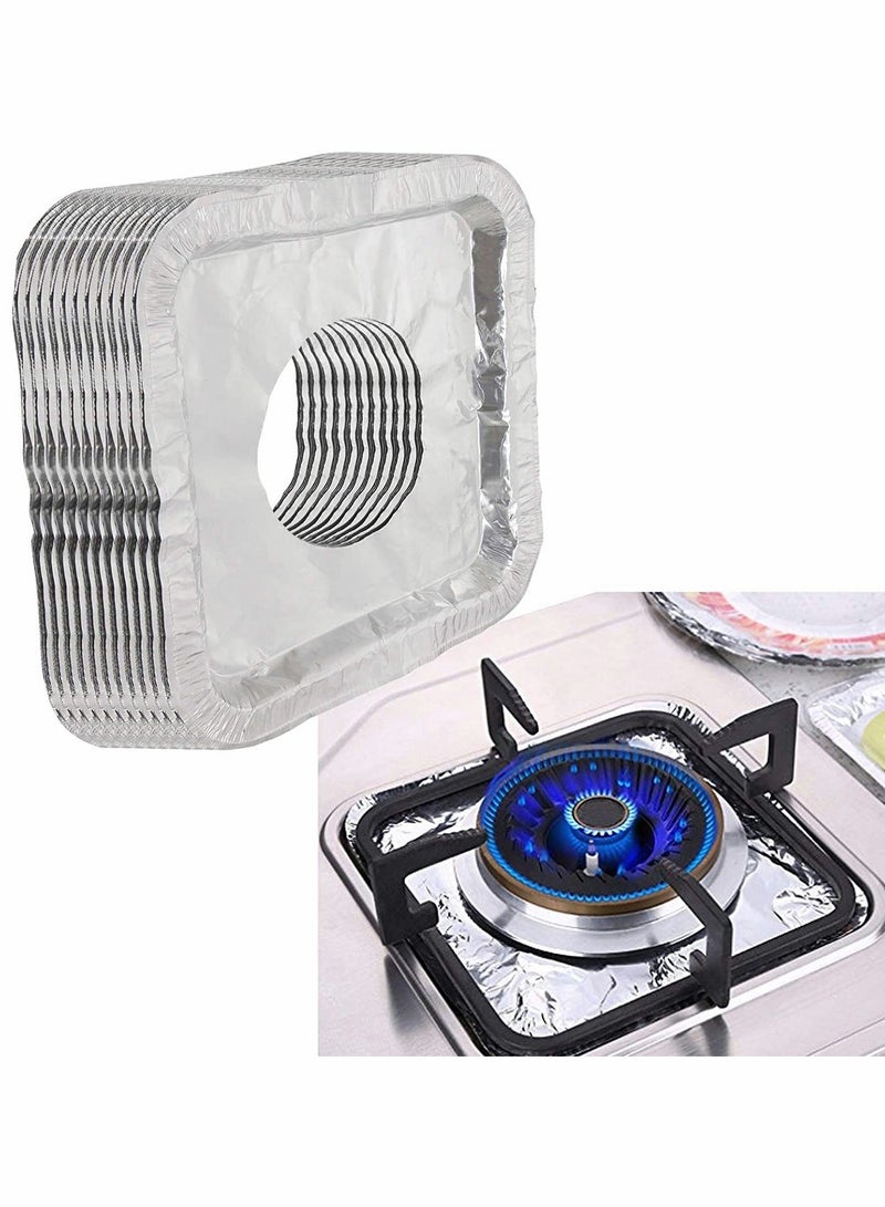 Stove Burner Covers 100 Pack Aluminum Foil Square Gas Liners Disposable Resistant Keep Clean to Catch Oil Grease and Food Spills Easy (8.5