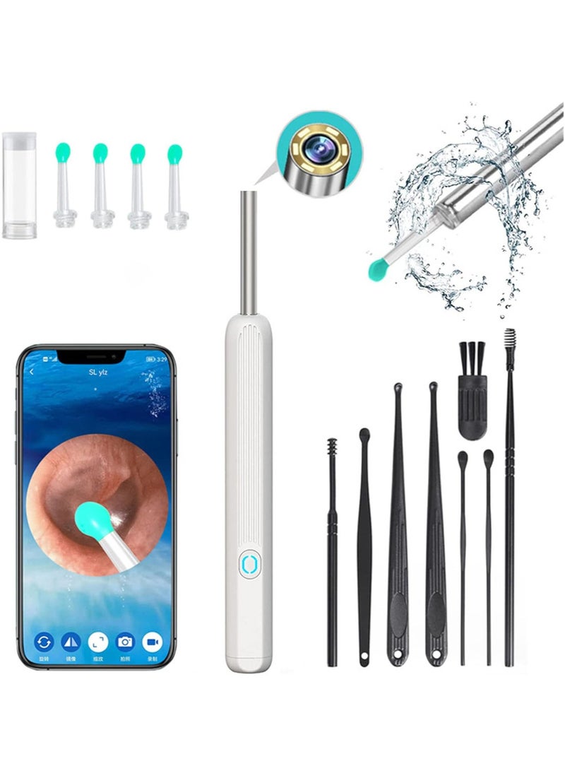 Ear Wax Removal with Light, Wax Earwax Remover Tool with 8 Pcs Ear Pick Set, Soft Silicone Ear Scoop for Ear Cleaning, Ear Cleaner Tool for iOS, Android Smartphones (White)