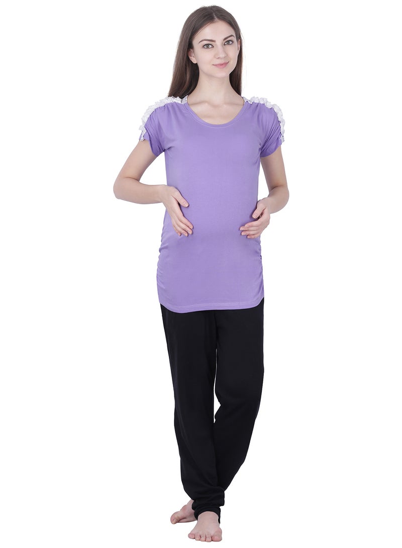 Polo Maternity Top With Lace Purple