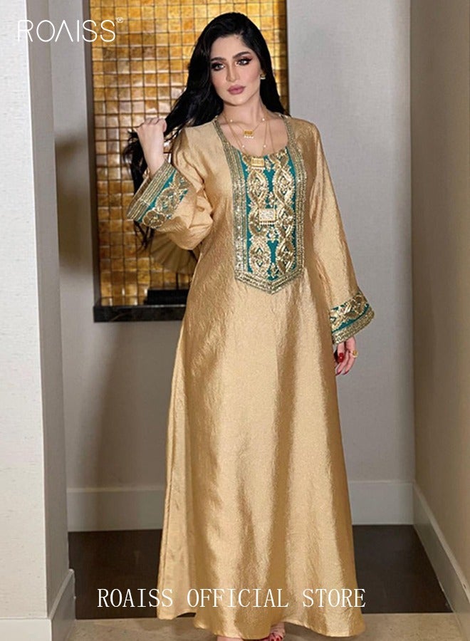 Women Luxury Gold Embroidered Robe Maxi Dresses Stylish Abaya Square Collar Dress Middle East Arabic Banquet Wedding Party Dress Women's Festival Clothing Gold