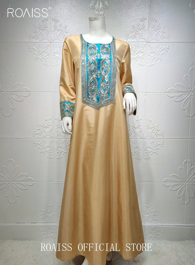 Women Luxury Gold Embroidered Robe Maxi Dresses Stylish Abaya Square Collar Dress Middle East Arabic Banquet Wedding Party Dress Women's Festival Clothing Gold