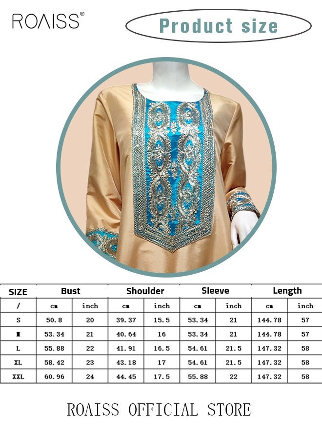 Women Luxury Gold Embroidered Robe Maxi Dresses Stylish Abaya Square Collar Dress Middle East Arabic Banquet Wedding Party Dress Women's Festival Clothing Gold