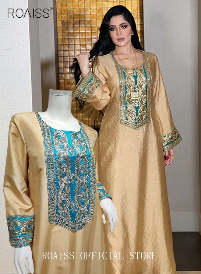 Women Luxury Gold Embroidered Robe Maxi Dresses Stylish Abaya Square Collar Dress Middle East Arabic Banquet Wedding Party Dress Women's Festival Clothing Gold