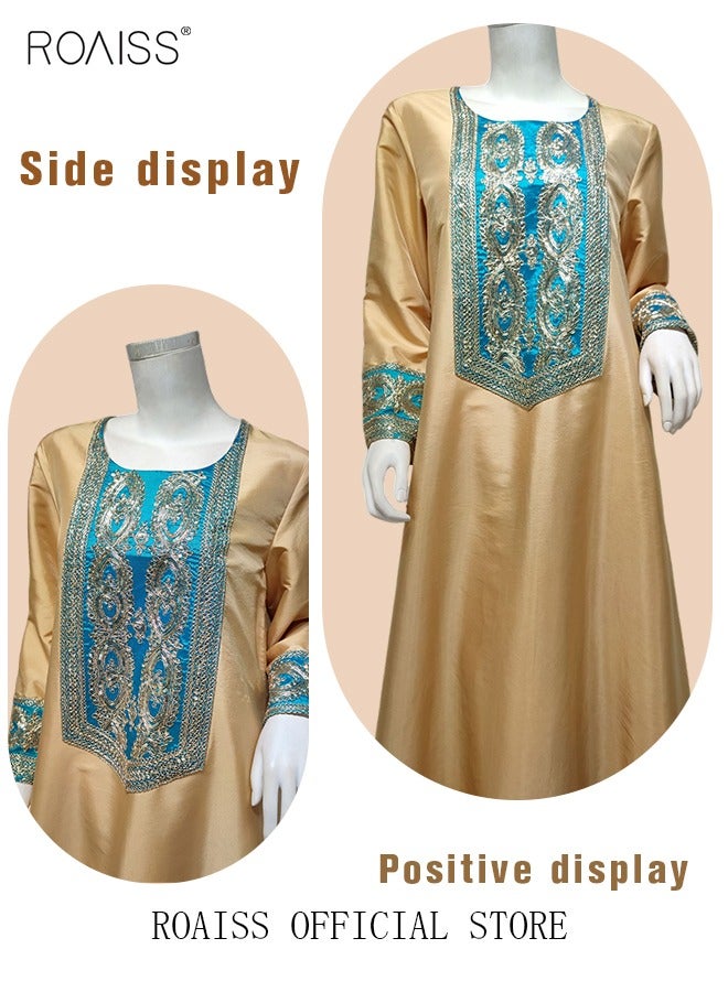 Women Luxury Gold Embroidered Robe Maxi Dresses Stylish Abaya Square Collar Dress Middle East Arabic Banquet Wedding Party Dress Women's Festival Clothing Gold