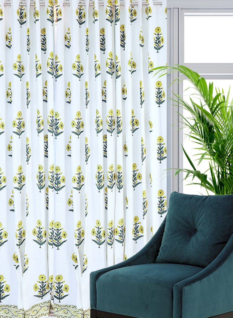 Hand Block Printed 100 Percent Premium Organic Cotton Floral Green  Curtain 274 X 152 Cm