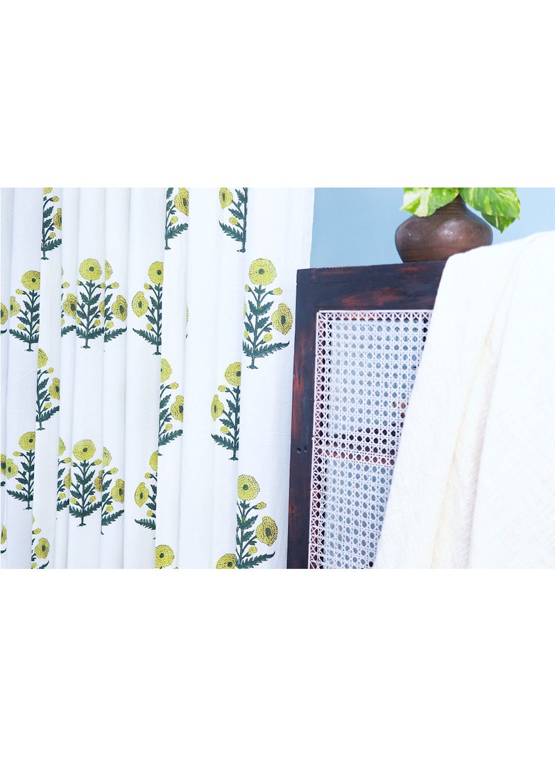 Hand Block Printed 100 Percent Premium Organic Cotton Floral Green  Curtain 274 X 152 Cm