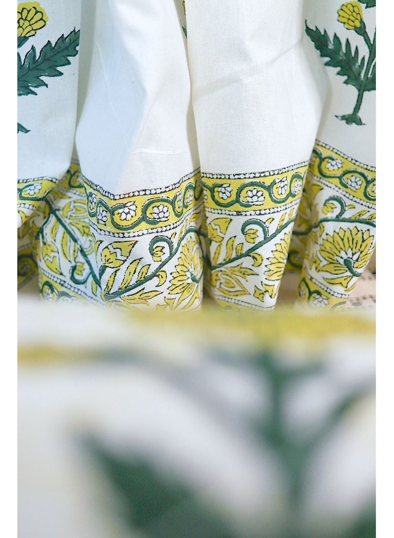 Hand Block Printed 100 Percent Premium Organic Cotton Floral Green  Curtain 274 X 152 Cm