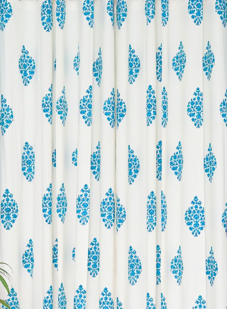 Blue Paisley Hand Block Printed 100 Percent Premium Organic Cotton Curtains 274 X 152 Cm