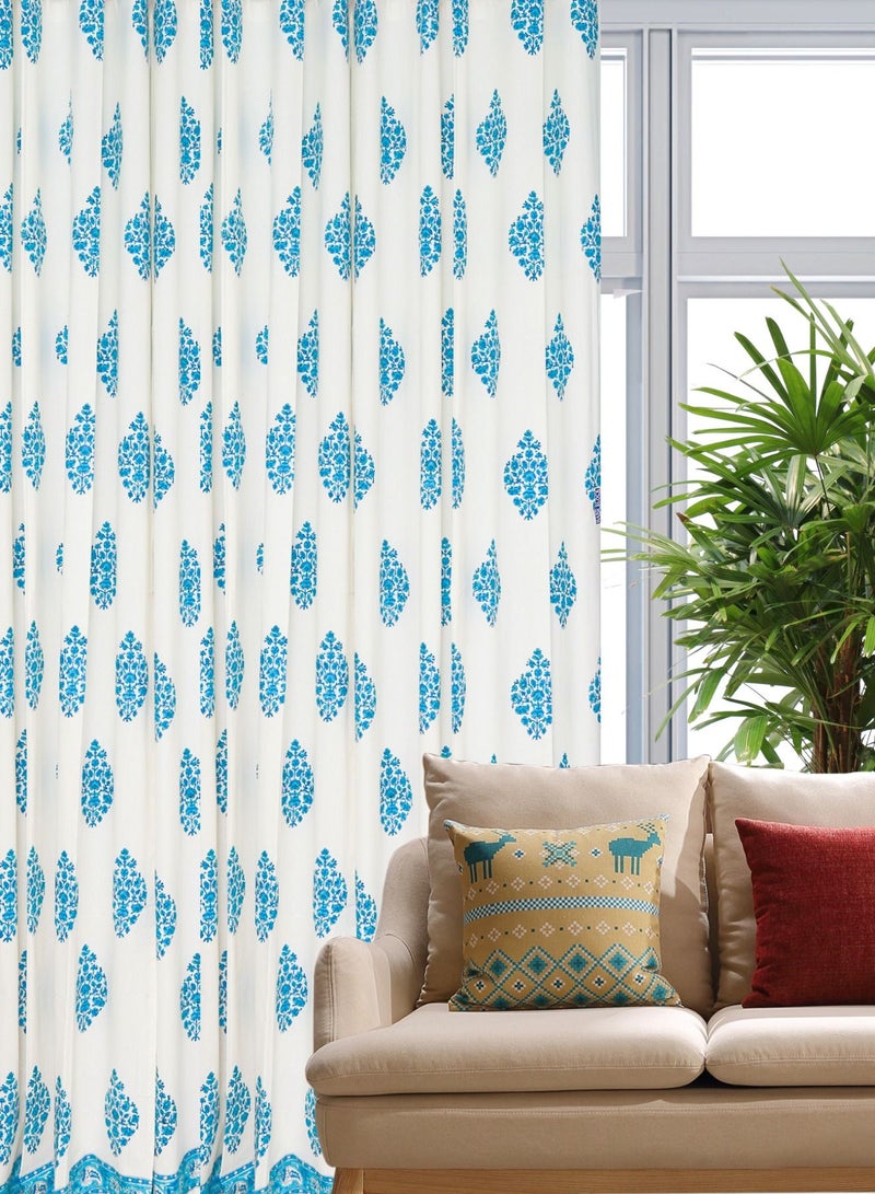 Blue Paisley Hand Block Printed 100 Percent Premium Organic Cotton Curtains 274 X 152 Cm