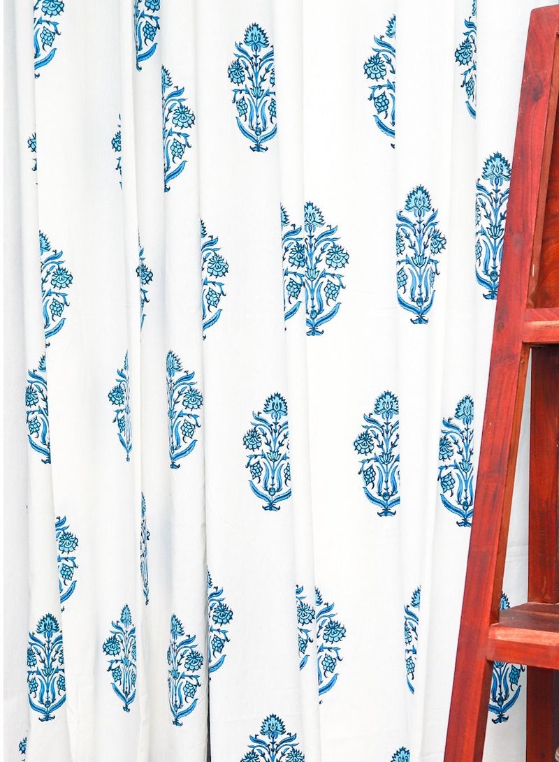 King Buta Blue Hand Block Printed 100 Percent Premium Organic Cotton Curtains 274 X 152 Cm