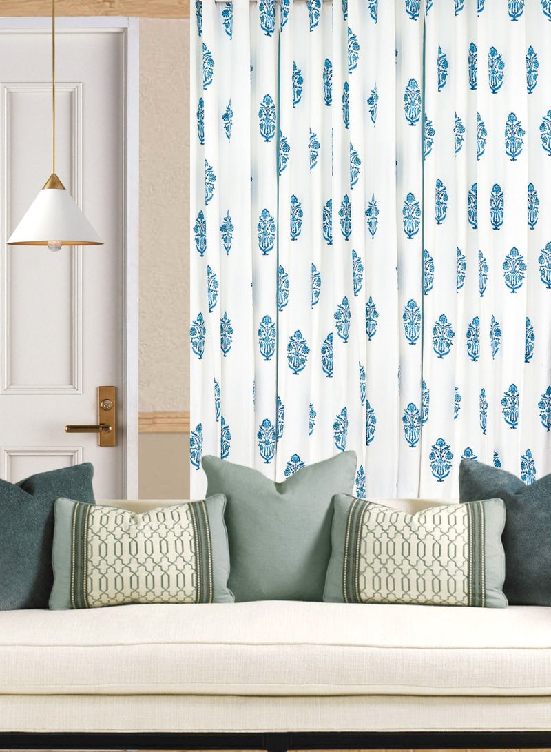 King Buta Blue Hand Block Printed 100 Percent Premium Organic Cotton Curtains 274 X 152 Cm