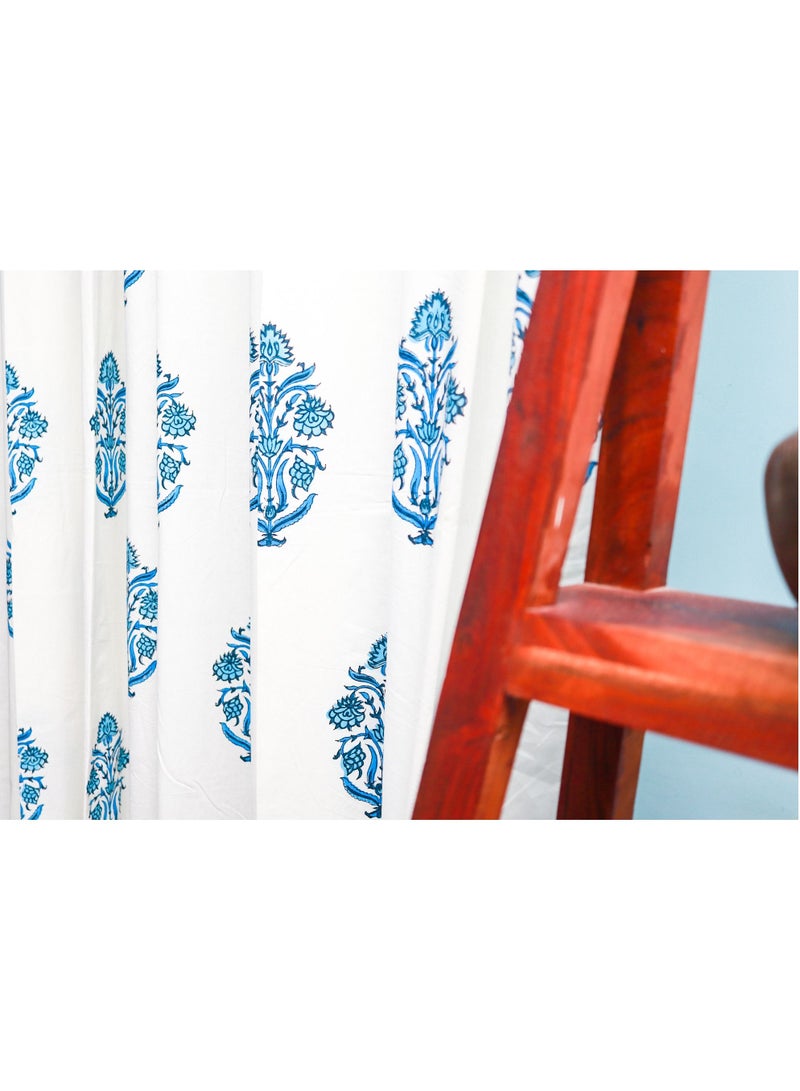 King Buta Blue Hand Block Printed 100 Percent Premium Organic Cotton Curtains 274 X 152 Cm