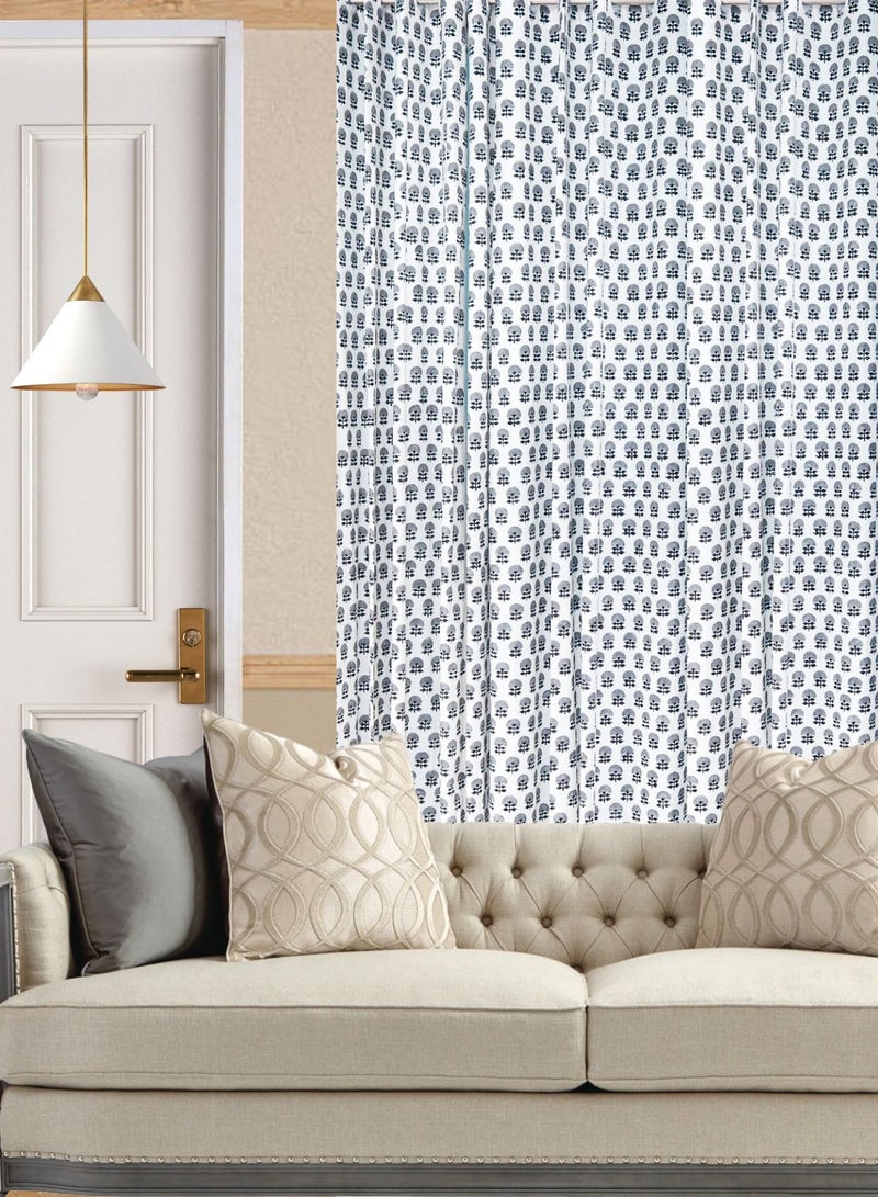 Grey And White Hand Block Printed 100 Percent Premium Organic Cotton Curtain 274 X 152 Cm