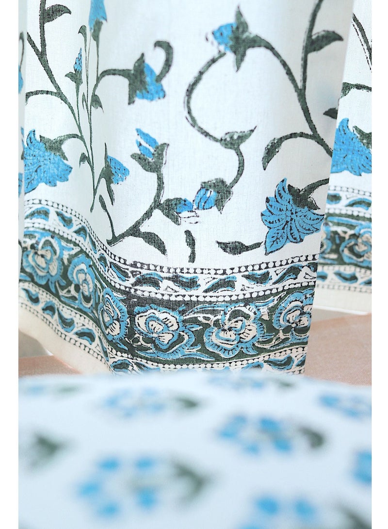 Blue and Green Flower and Stem Premium Organic Cotton Hand Block Printed Curtains 274 X 152 Cm