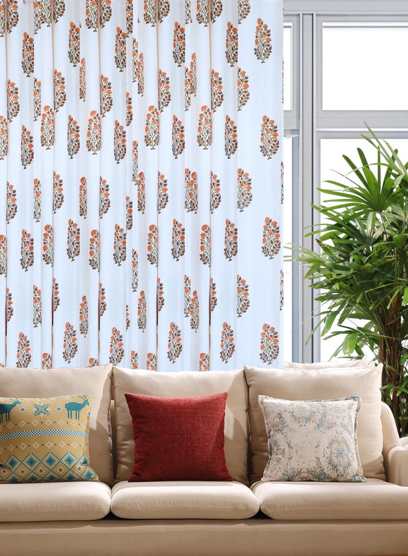 Brown Flowers Hand Block Printed Premium Cotton Curtains 274 X 152 Cm