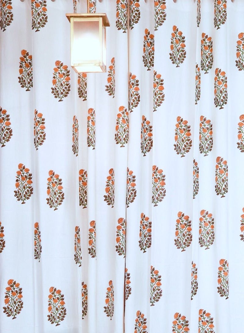 Brown Flowers Hand Block Printed Premium Cotton Curtains 274 X 152 Cm