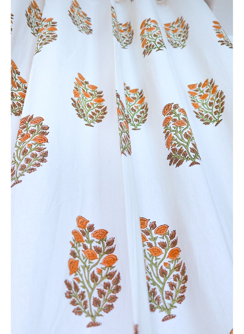 Brown Flowers Hand Block Printed Premium Cotton Curtains 274 X 152 Cm