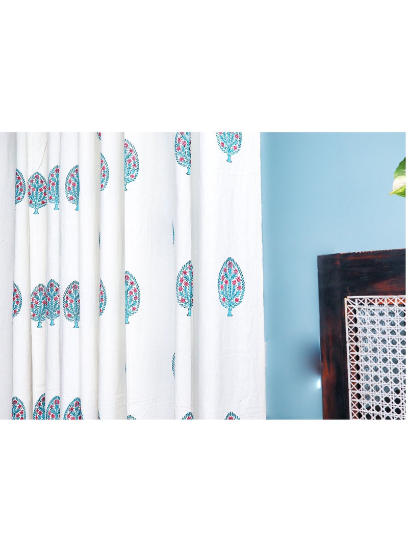 Hand Block Printed 100 Percent Premium Organic Cotton Cyan And White Curtains 274 X 152 Cm