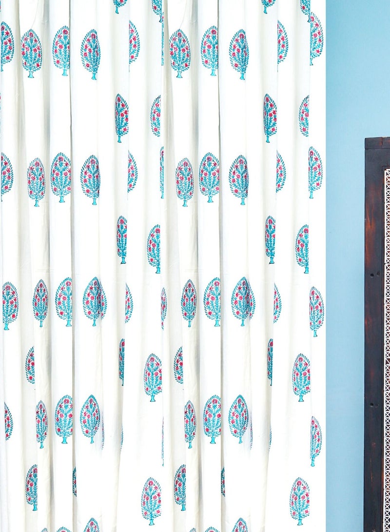 Hand Block Printed 100 Percent Premium Organic Cotton Cyan And White Curtains 274 X 152 Cm