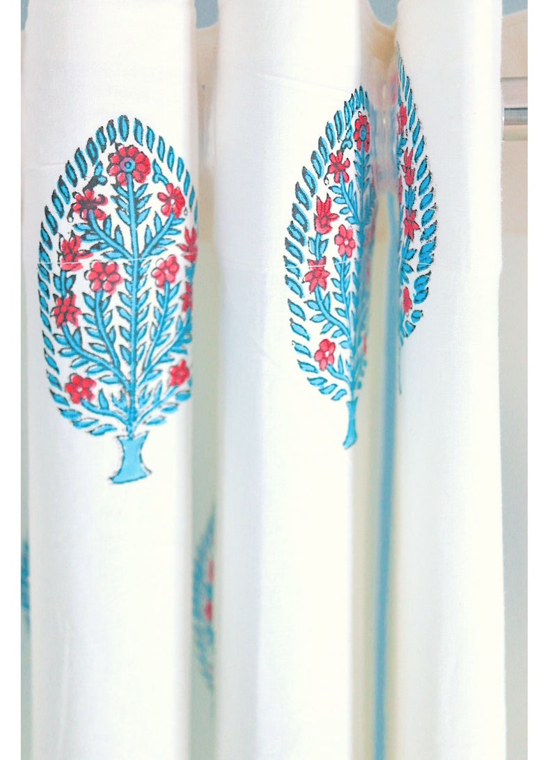 Hand Block Printed 100 Percent Premium Organic Cotton Cyan And White Curtains 274 X 152 Cm