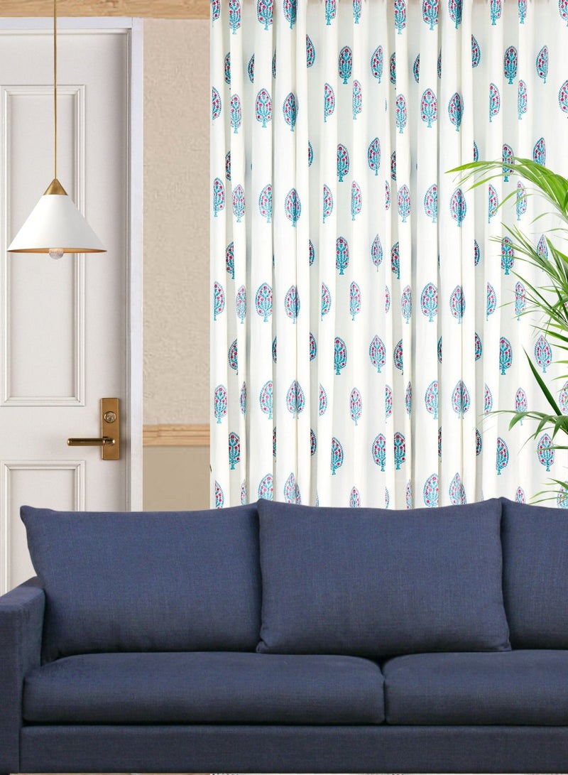 Hand Block Printed 100 Percent Premium Organic Cotton Cyan And White Curtains 274 X 152 Cm