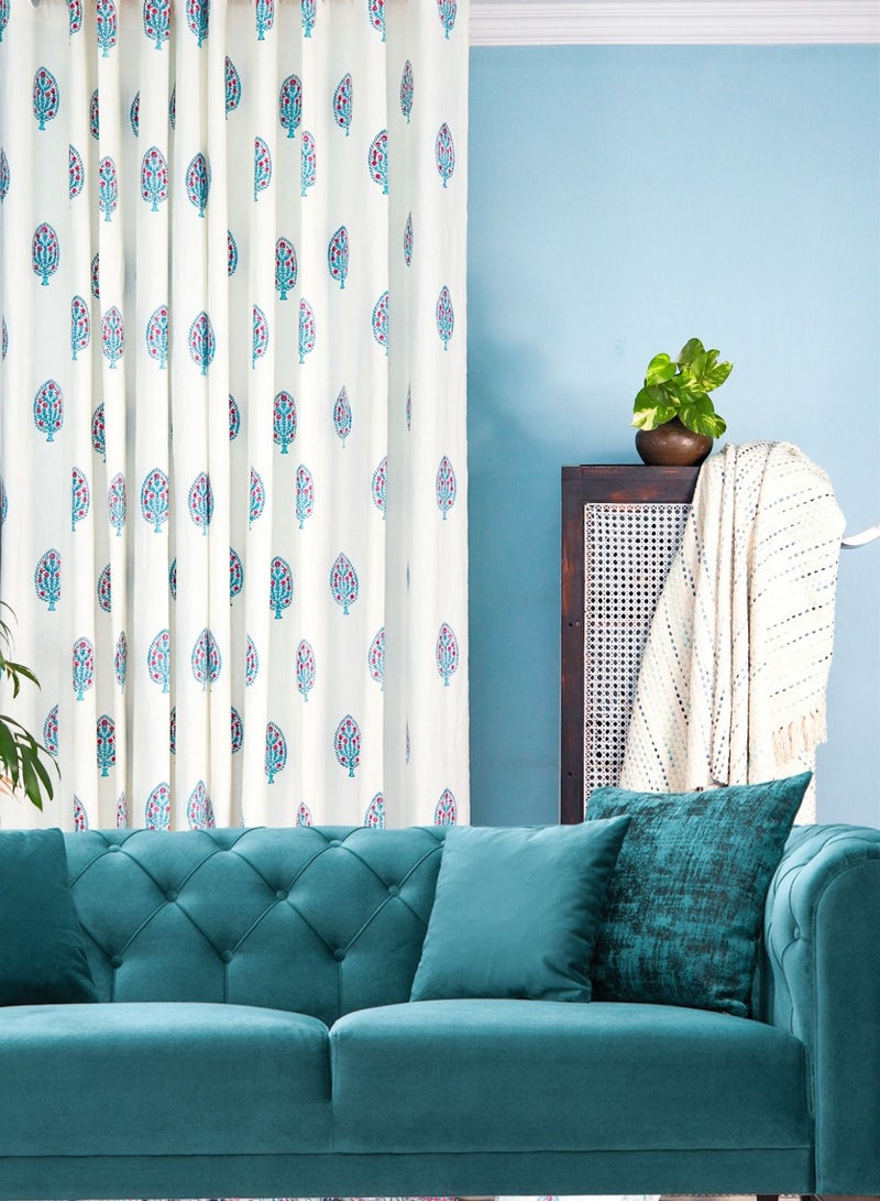Hand Block Printed 100 Percent Premium Organic Cotton Cyan And White Curtains 274 X 152 Cm