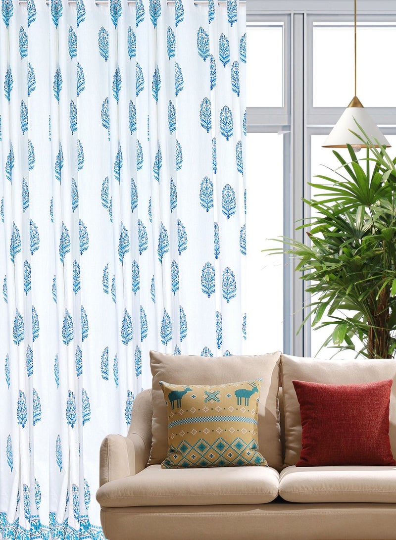 Blue Ikat Hand Block Printed Premium Cotton Curtains 274 x 152 cms