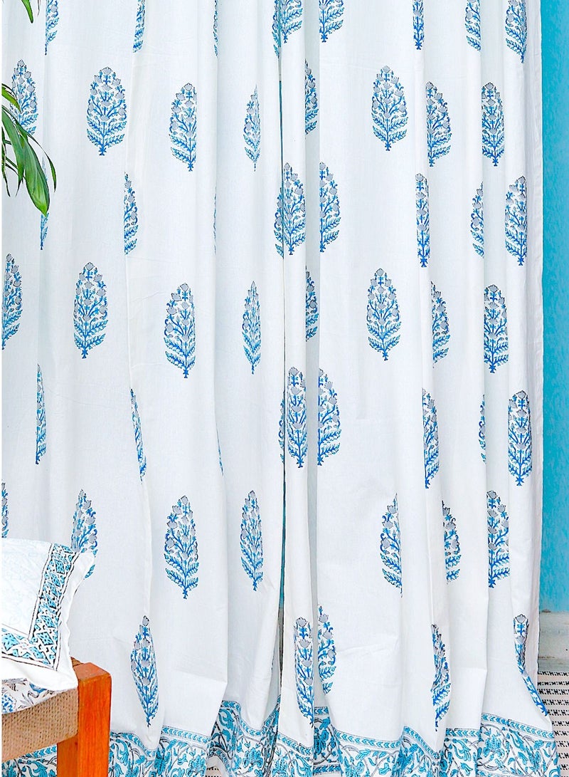Blue Ikat Hand Block Printed Premium Cotton Curtains 274 x 152 cms