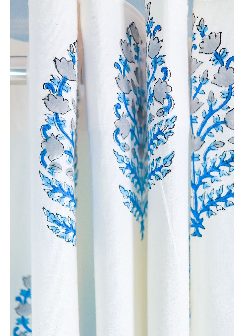 Blue Ikat Hand Block Printed Premium Cotton Curtains 274 x 152 cms