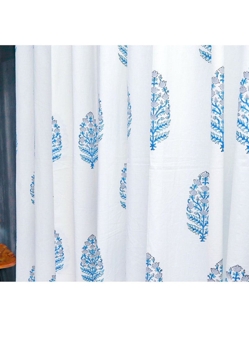 Blue Ikat Hand Block Printed Premium Cotton Curtains 274 x 152 cms