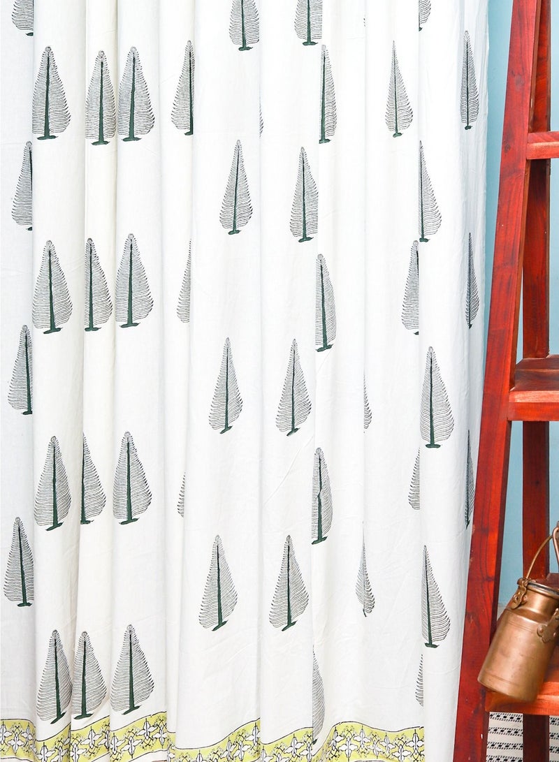 Green Leaf Design Hand Block Printed Premium Organic Cotton Curtains 274 X 152 Cm