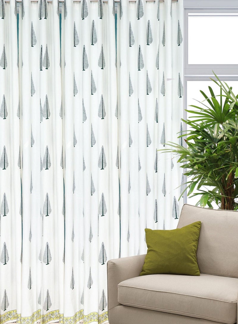 Green Leaf Design Hand Block Printed Premium Organic Cotton Curtains 274 X 152 Cm