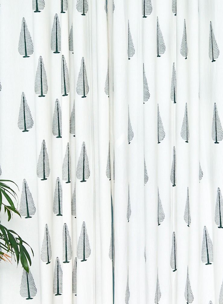 Green Leaf Design Hand Block Printed Premium Organic Cotton Curtains 274 X 152 Cm