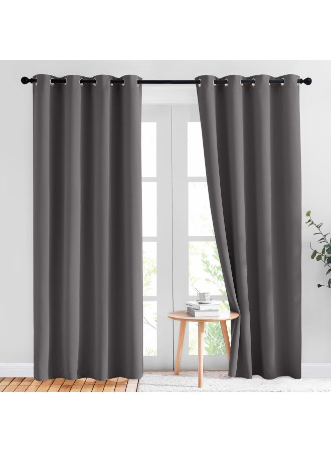 Blackout Curtains Panels for Bedroom - Three Pass Microfiber Noise Reducing Thermal Insulated Solid Ring Top Blackout Window Drapes 2 Panels 132 x 213 cm Gray