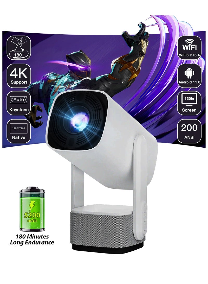 Mini Smart Rechargeable Smart HD Projector Portable Cinema 150 Inches Screen Display Lamp 4K Home Outdoor Movie Theatre Gaming Video 230 Degree Rotating Screen Mobile Phone Projection 5000 Lumens