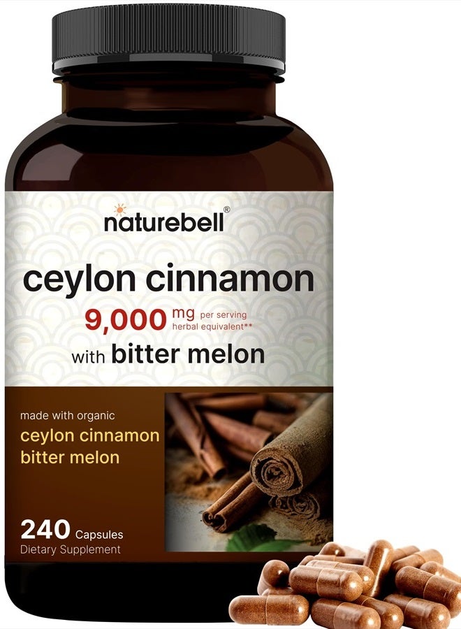 Ceylon Cinnamon 9,000mg Per Serving, 240 Capsules | Made with Organic Sri Lanka Ceylon Cinnamon and Organic Bitter Melon, 2 in 1 Support – Non-GMO, No Gluten