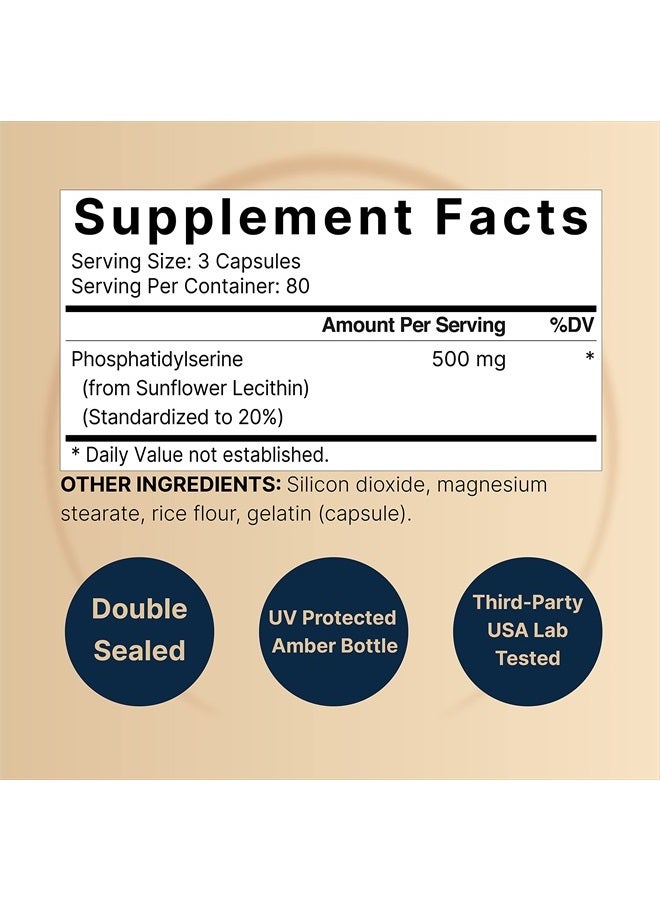 Ultra Strength Phosphatidylserine Supplement 500mg Per Serving, 240 Capsules | Soy Free, Derived from Sunflower Lecithin – Supports Cognitive Health and Brain Function – Non-GMO