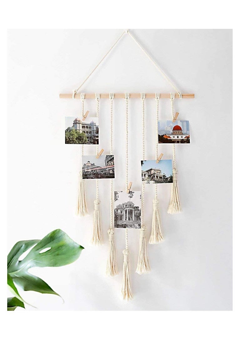 Excellence Hanging Photo Displays Macrame Wall Hanging Picture Organizer with 25 Wood Clips Boho Hone Decor