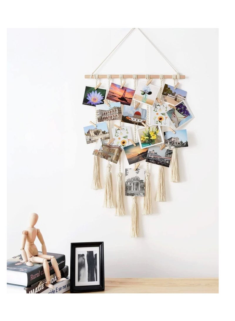 Excellence Hanging Photo Displays Macrame Wall Hanging Picture Organizer with 25 Wood Clips Boho Hone Decor