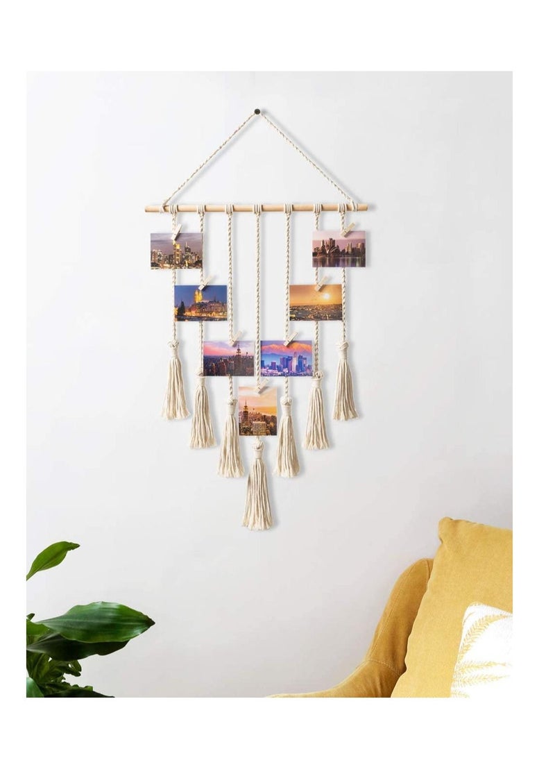 Excellence Hanging Photo Displays Macrame Wall Hanging Picture Organizer with 25 Wood Clips Boho Hone Decor