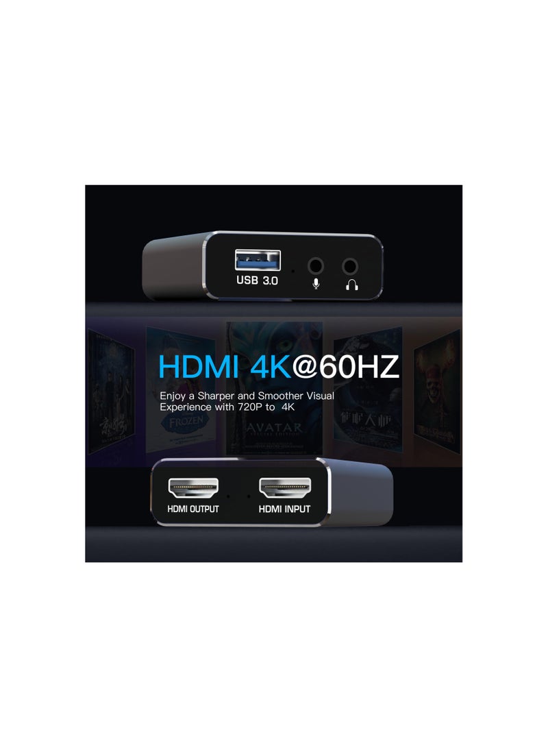 4K HDMI USB 3.0 Audio Video Capture Card for Game Recording and Live Streaming, Full HD 1080p, No Frame Lag, Compatible with Nintendo Switch, Camera, PS4, OBS, and More.