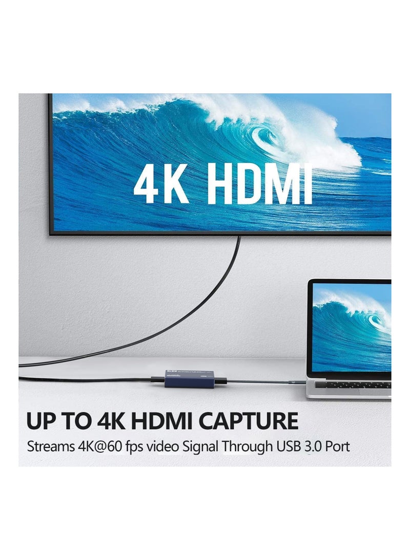 4K HDMI USB 3.0 Audio Video Capture Card for Game Recording and Live Streaming, Full HD 1080p, No Frame Lag, Compatible with Nintendo Switch, Camera, PS4, OBS, and More.