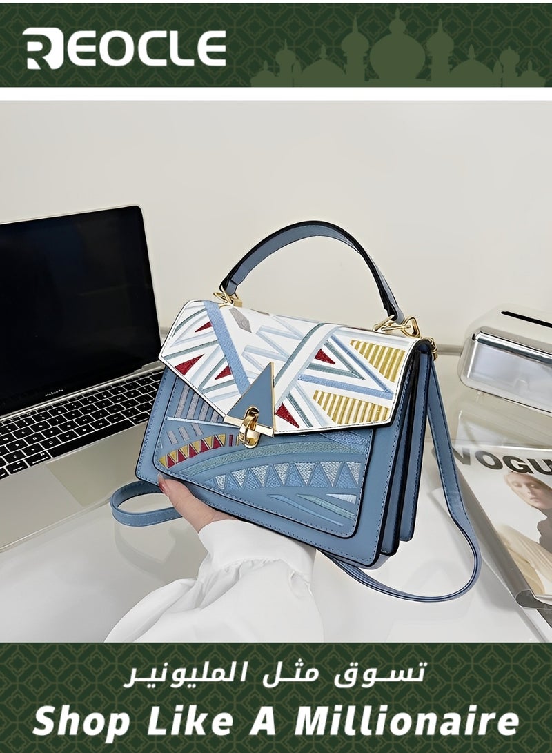 Women's Crossbody Bags Color-Block Leather Purses Handbags with Fashion Printed Shoulder Bag for School & Office & Travel & Work